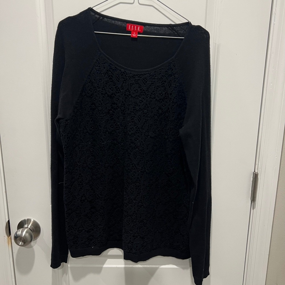 ELLE Women Sweater Crochet Lace Front Black XL